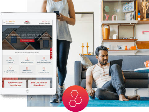 Man and woman on devices searching online for a roofing contractor